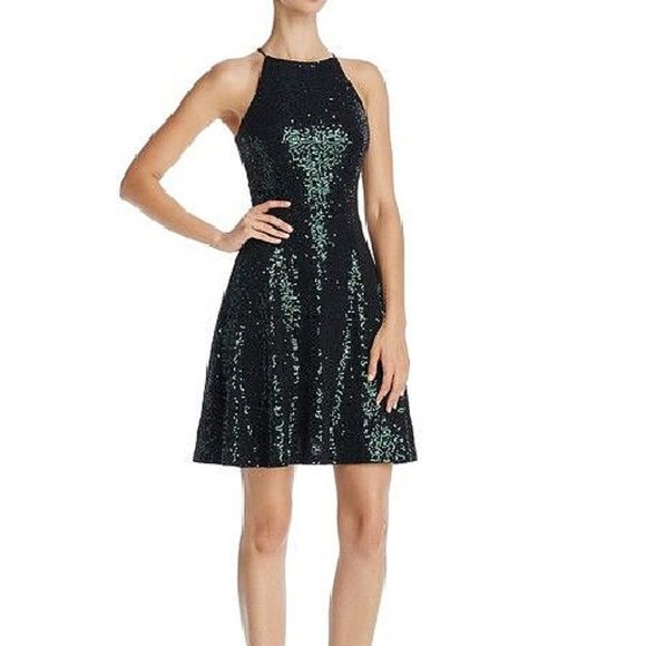 Aqua Dark Green Sequin Sleeveless Cocktail Dress - Picture 1 of 4